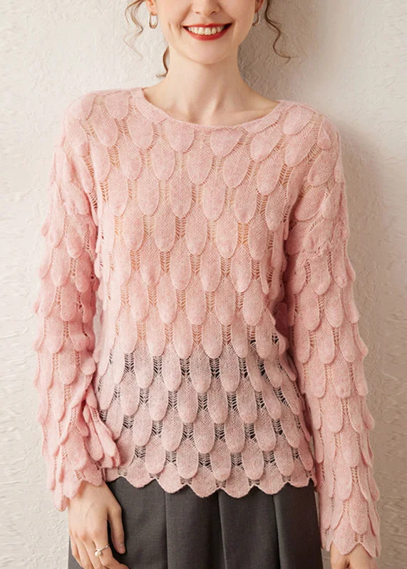 DIY Pink O-Neck Hollow Out Feather Knit Sweater Spring