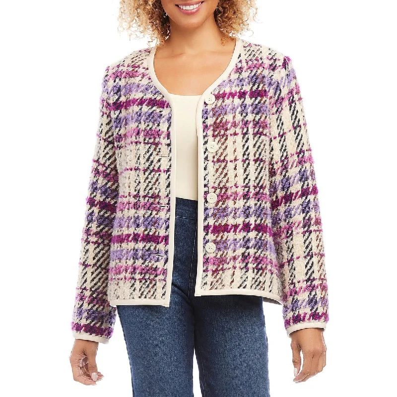 Karen Kane Womens Majestic Magenta Wool Plaid Cardigan Sweater