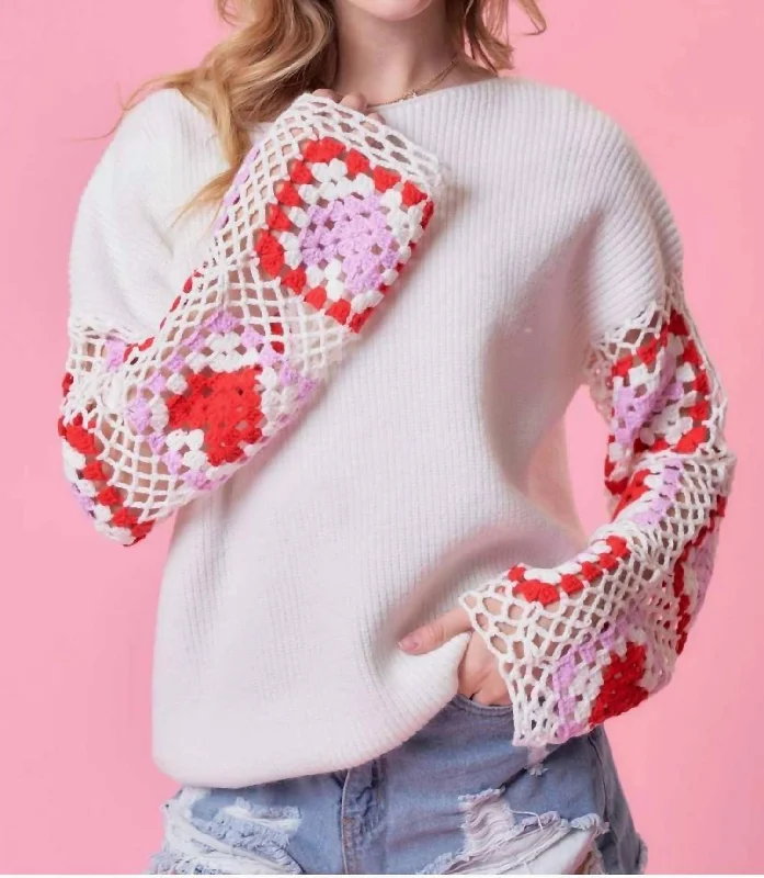 Crochet Heart Sleeve Sweater In White