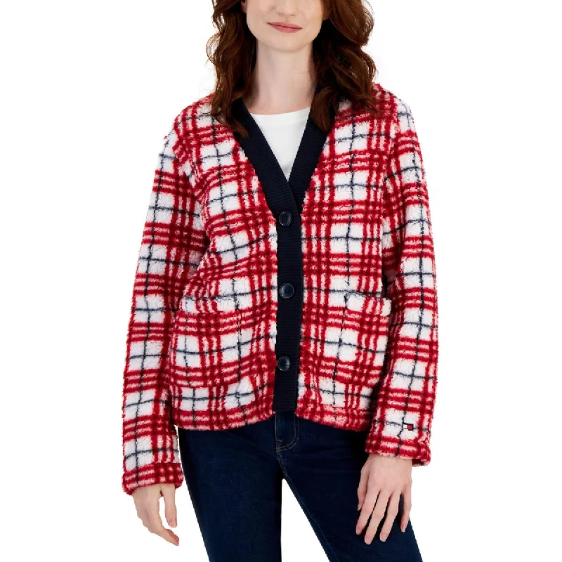 Womens Plaid Sherpa Cardigan Sweater