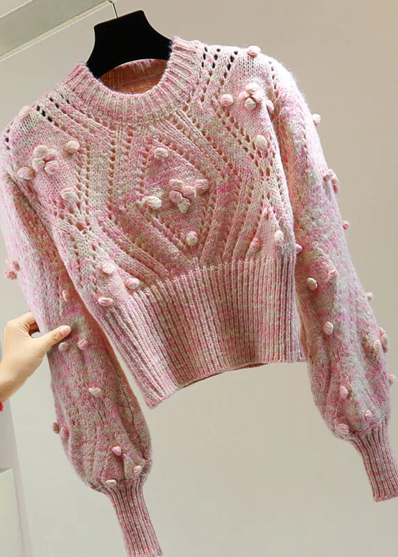 Cute Pink Embroidered Hollow Out Floral Cotton Knit Sweater