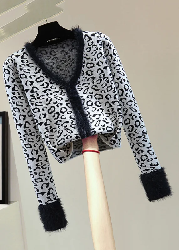 Style Leopard V Neck Fuzzy Fur Fluffy Cotton Knit Sweaters Winter