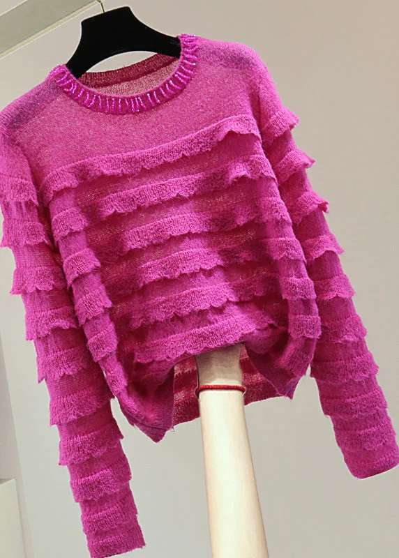 Fashion Rose Ruffled Patchwork Nail Bead Cotton Knit Sweater