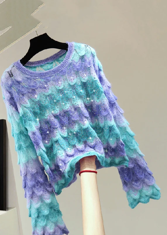 Beautiful Blue O-Neck Zippered Hollow Out Cotton Knit Sweater Flare Sleeve