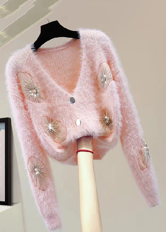 Bohemian Pink V Neck Zircon Thick Mink Hair Knitted Sweater Winter