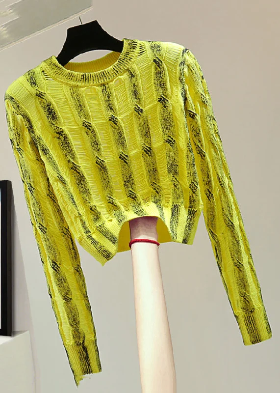 Handmade Yellow O-Neck Striped Patchwork Knit Sweater Spring