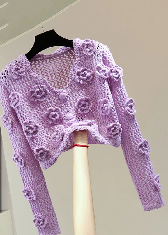 Brief Purple V Neck Embroidered Floral Cotton Knit Sweater Spring