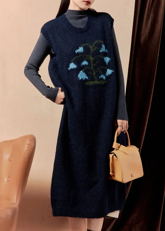 Women Navy Embroidered Cozy Knit Dress Sleeveless