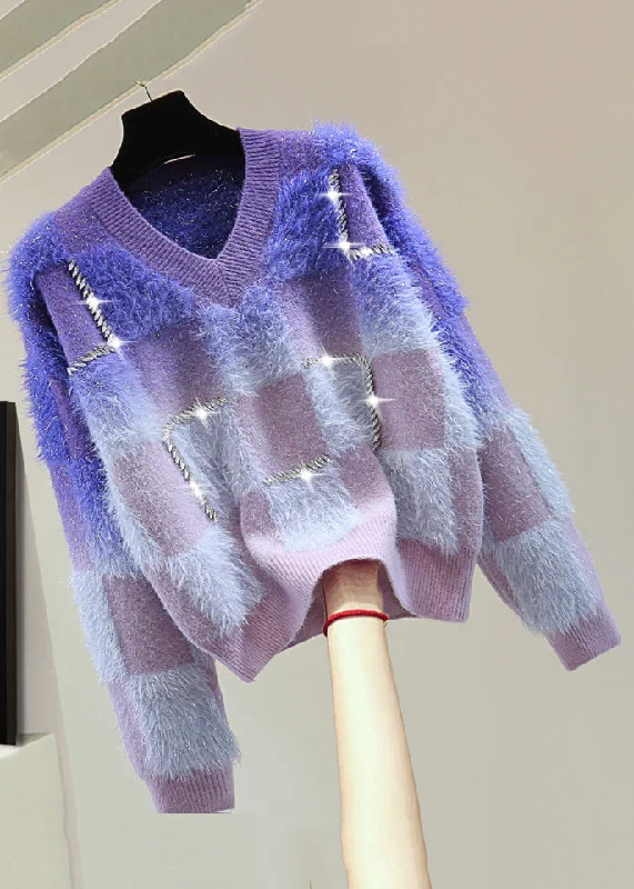 Gradient Color Blue O-Neck Zircon Ma Hai Mao Cotton Knit Sweater Tops