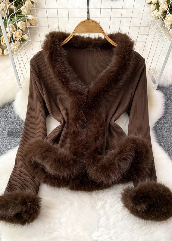 Elegant Brown Fur Collar Patchwork Cotton Knit Sweater Flare Sleeve