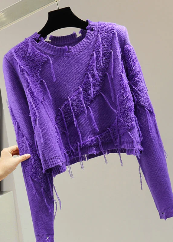 Casual Purple O-Neck Ripped Tassel Cotton Knit Sweater