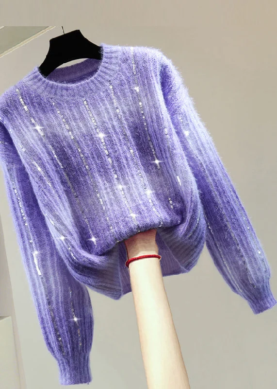 Modern Purple O-Neck Sequins Cotton Knit Sweater