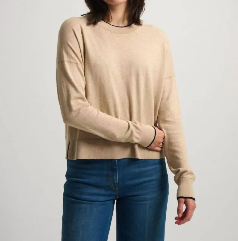 Silk Rib Trim Sweater In Crema/black