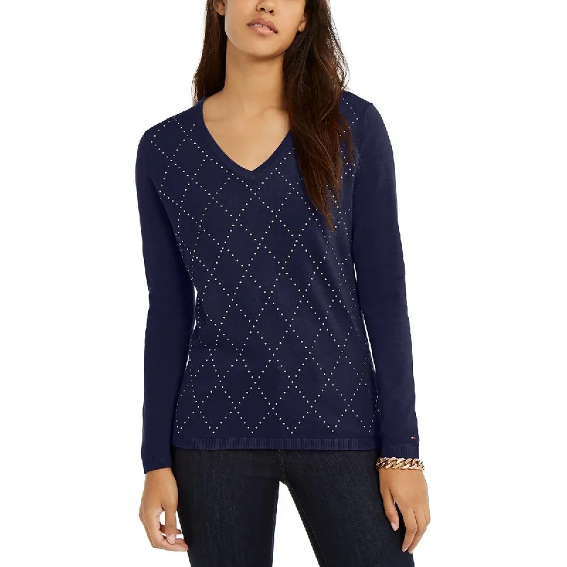 Tommy Hilfiger Womens Cotton Studded Argyle V-Neck Sweater