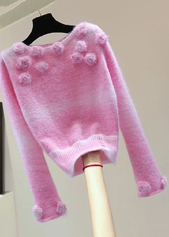 Cute Pink Floral Thick Cotton Knit Sweaters Spring