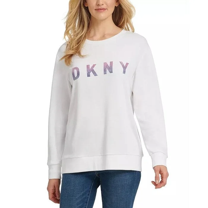 DKNY Women's Ombre Glitter Logo Sweatshirt White Size X-Large