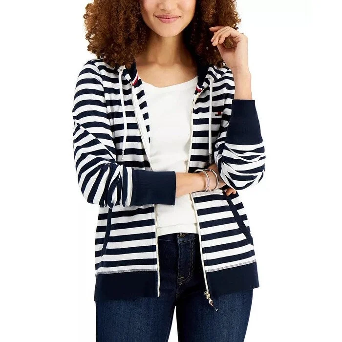 Tommy Hilfiger Women's Striped Zip Front Hoodie Blue Size XX-Large