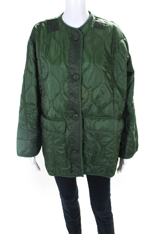 Hudson Womens Quilted Buttoned Oversized Long Sleeved Jacket Green