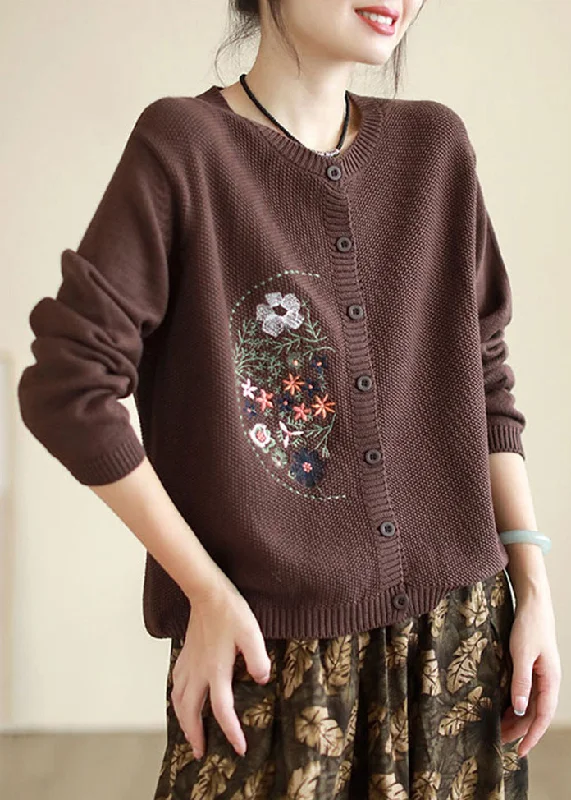 Style Coffee Embroideried Button Patchwork Knitting Coats Fall