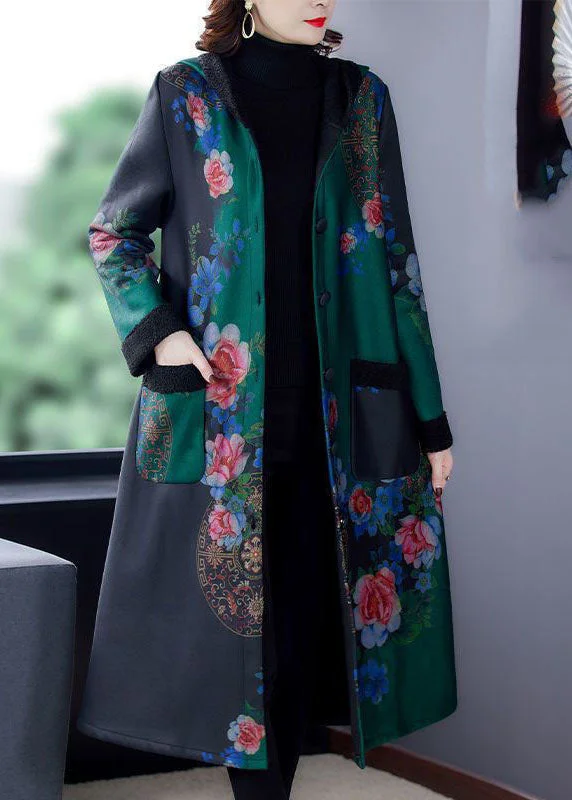 Stylish Green Hooded Print Warm Fleece Trench Coats Winter