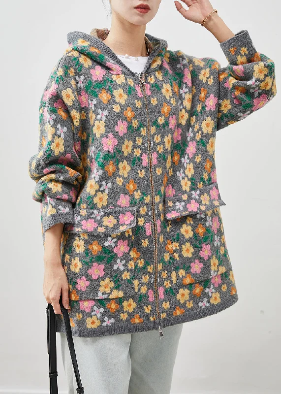 Stylish Grey Zip Up Floral Print Knit Coat Spring