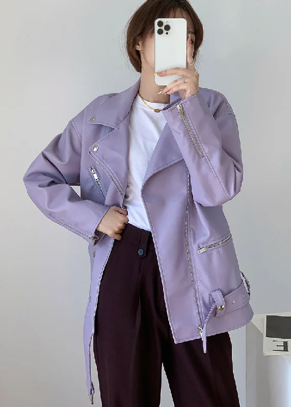 Stylish light Purple Zippered Pockets Patchwork Faux Leather Coats Fall