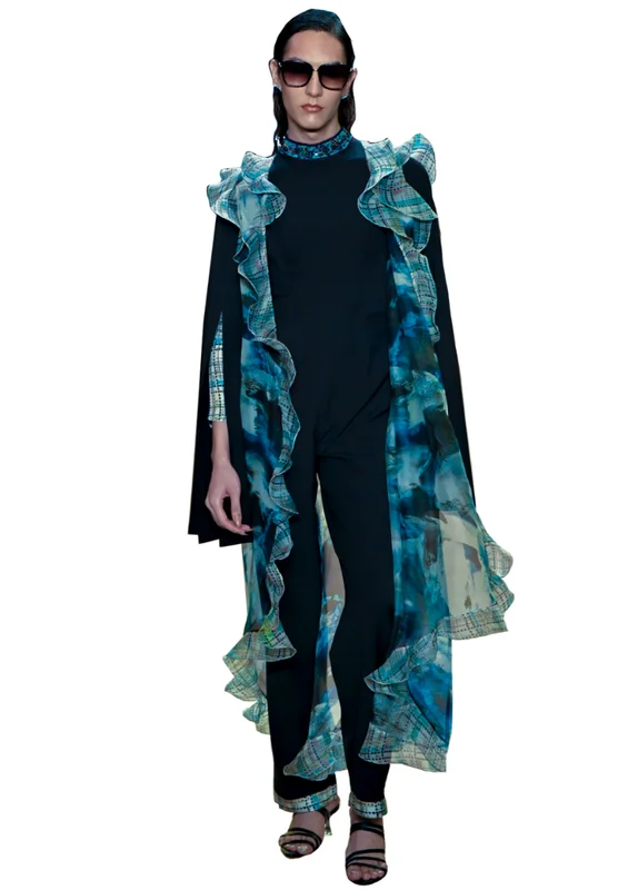 Jumpsuit in black and organza cape with inbuilt sleeves