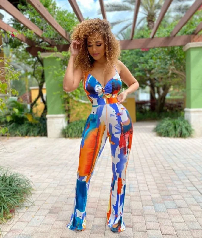 Trendy Printed Spaghetti Strap Low Cut Flare Jumpsuits