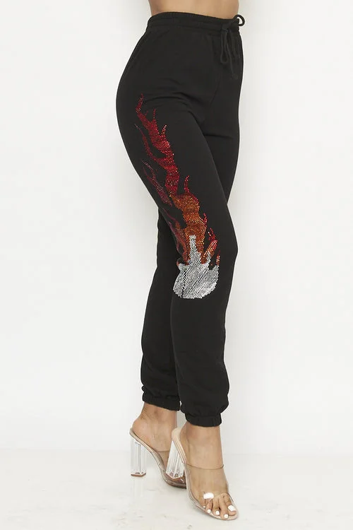 Rhinestone Flames Detail Elastic Waist Jogger Pants (51P21236)Y