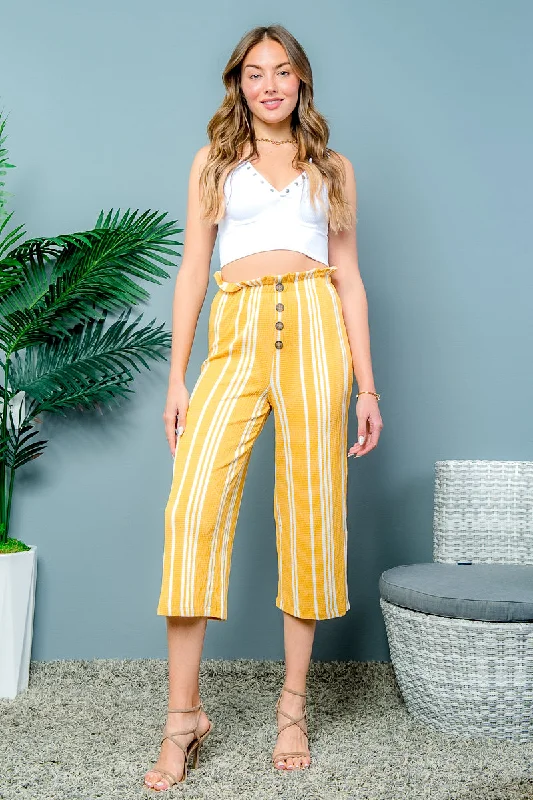 White Striped Cropped Pants with Ruffle Waistband and 4 Button Decor at Center Front in Mustard (6472PY)