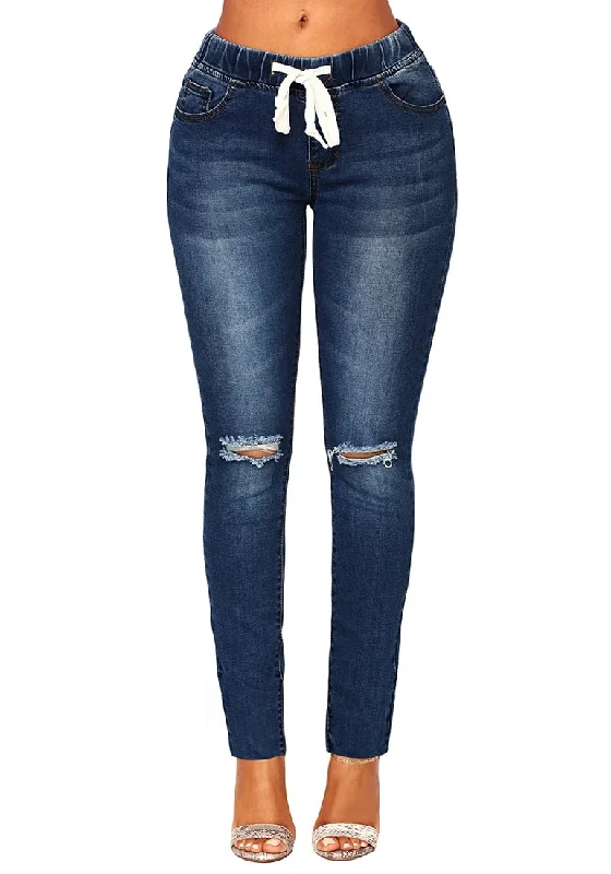 Dark Blue Drawstring-Waist Washout Ripped Skinny Jeans