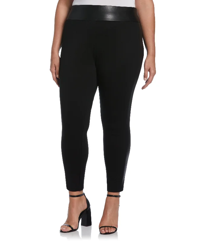 Plus Size Vegan Leather Trimmed Pull-On Pant