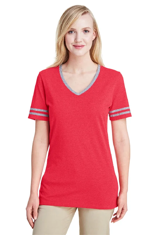 Jerzees Womens Varsity Ringer Moisture Wicking Short Sleeve V-Neck T-Shirt - Heather Fiery Red/Oxford Grey - Closeout