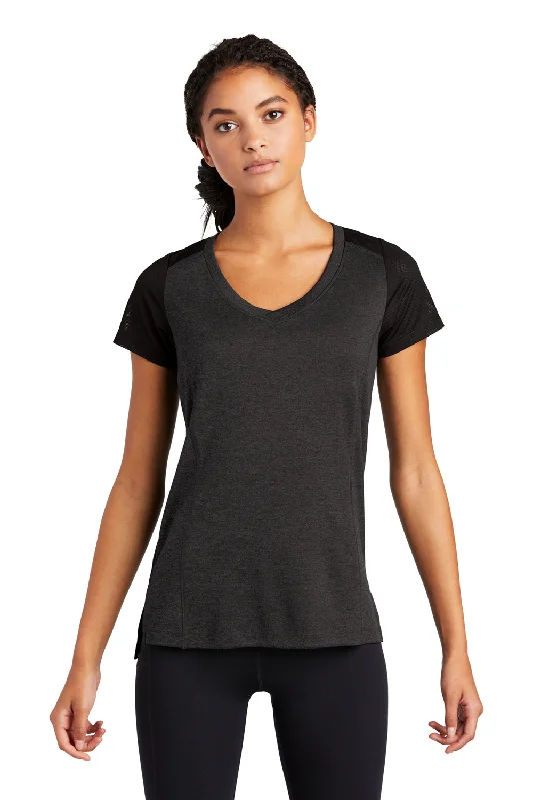 Sport-Tek Womens Endeavor Moisture Wicking Short Sleeve V-Neck T-Shirt - Heather Black/Black