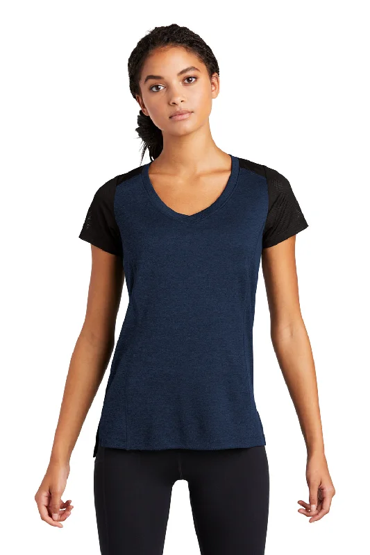 Sport-Tek Womens Endeavor Moisture Wicking Short Sleeve V-Neck T-Shirt - Heather Dark Royal Blue/Black