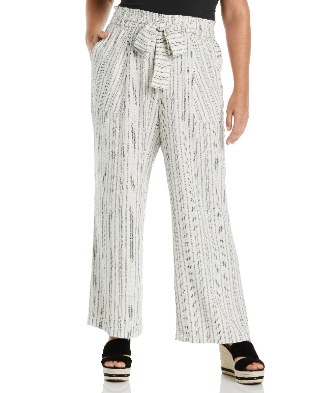 Plus Size Stripe Wide Leg Linen Blend Paper Bag Pant