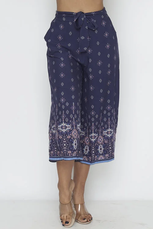 Navy Geometric Print Palazzo Capri Pants with Waist Tie (YD8CLT01-05)